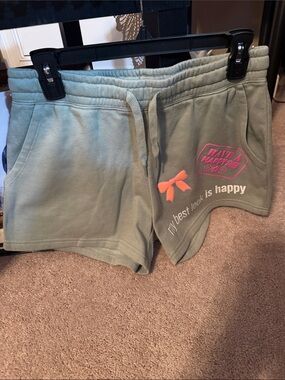 Sage Green Athletic Shorts with Pink Bow Accent